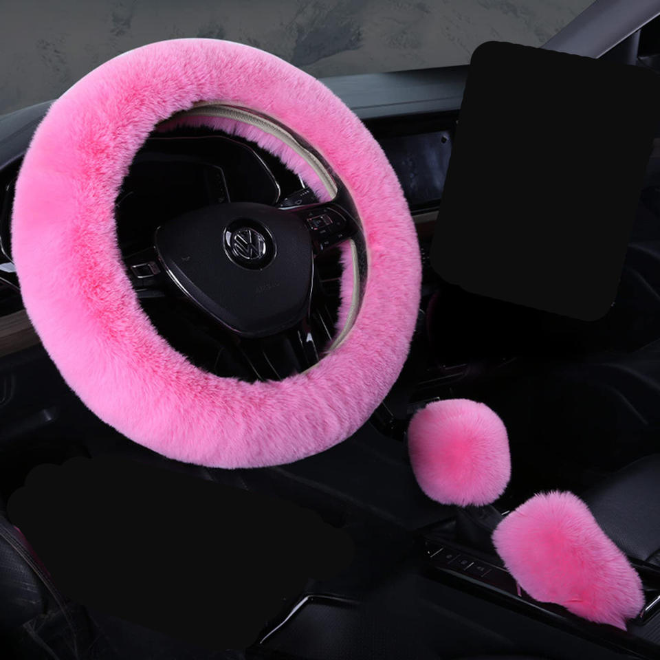 Steering Wheel Cover Plush Set Black Pink