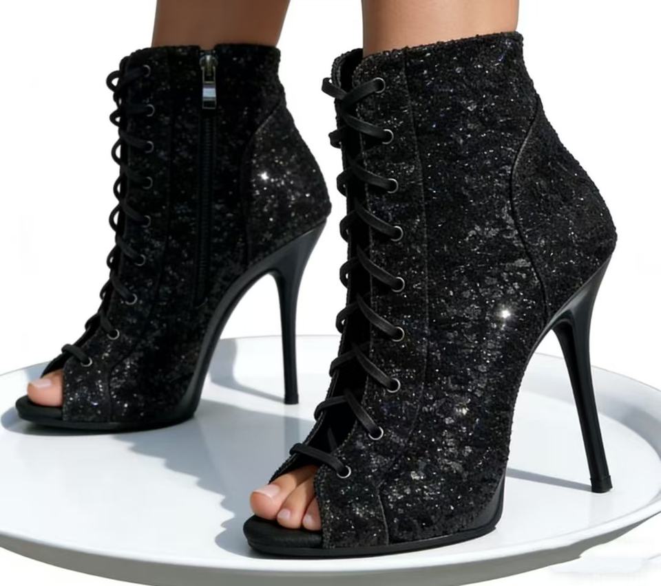 Black Glitter 10cm Latin Dance Shoes – Women’s Salsa, Swing, Ballroom, Jazz & Modern Performance Footwear