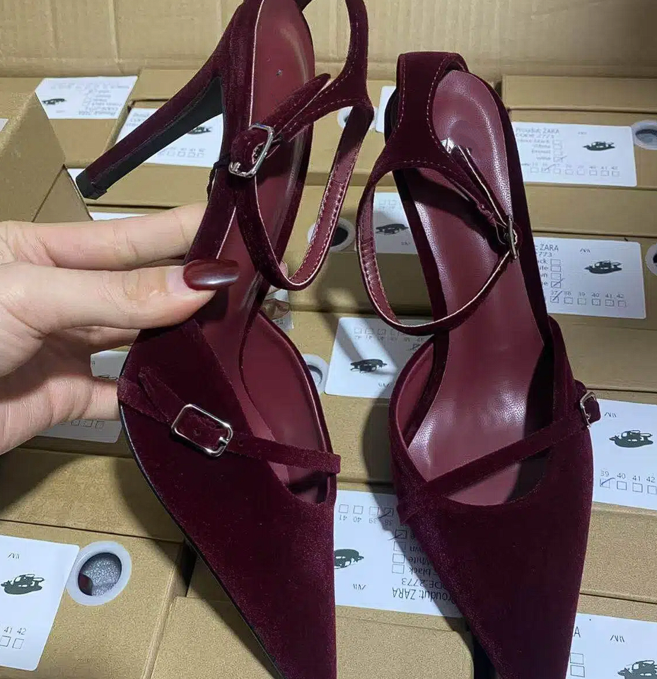 ORANGLES Women’s Burgundy High Heel Formal Sandals – Pointed Toe Slingback Pumps for Summer Parties & Fashion Trends - high resolution display - exposing craftsmanship - Image 2 of 2 | built for everyone | Women’s Burgundy High Heel Formal Sandals – Pointed Toe Slingback Pumps for Summer Parties & Fashion Trends for sale Georgia | Free Shipping ORANGLES