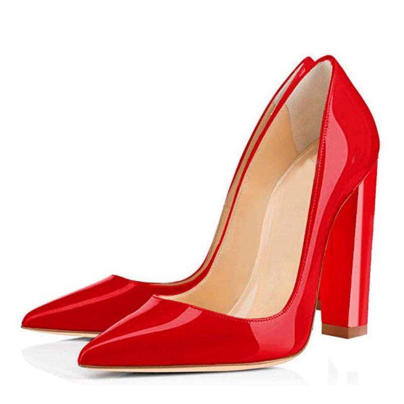 Women’s Red Patent Leather Pumps – Pointed Toe Chunky High Heel Dress Shoes for Party, Dance & Big Size