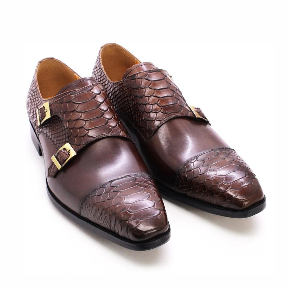 Men’s Genuine Leather Double Monk Strap Shoes – Snake Print Italian Dress Loafers Size 47 for Business, Party & Wedding