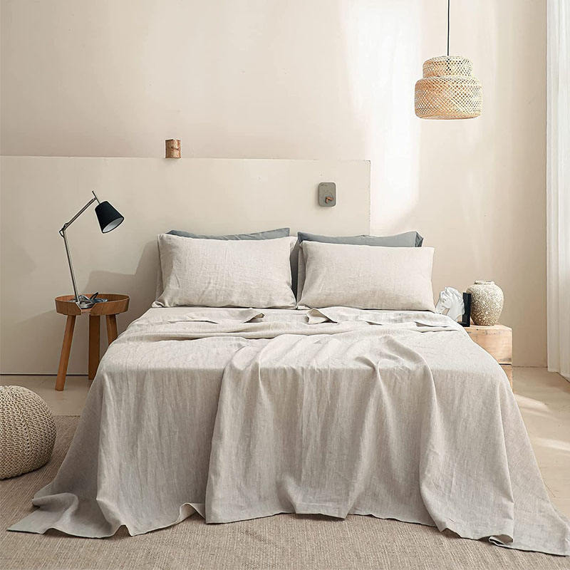 Solid Color 100% Linen Bed Sheets – 4 Piece Queen Size Flax Linen Bedding Set, French Hotel Style