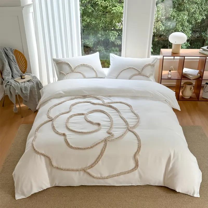 ORANGLES Modern Beige Plant Tufted Bedding Set – Twin 3‑Piece Polyester Bed Sheets & Duvet Cover, 200TC All‑Season - high resolution display - exposing craftsmanship - Image 2 of 2 | built for everyone | Modern Beige Plant Tufted Bedding Set – Twin 3‑Piece Polyester Bed Sheets & Duvet Cover, 200TC All‑Season for sale Georgia | Free Shipping ORANGLES