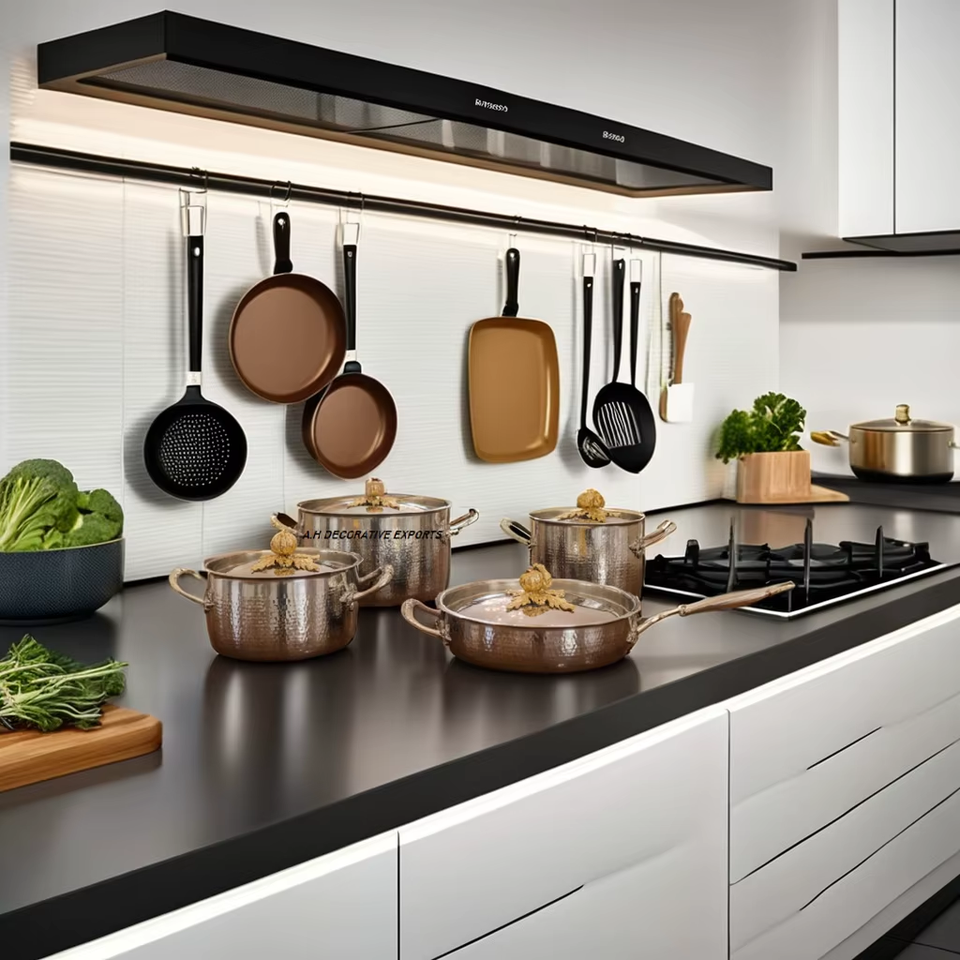 Elegant Eco-Friendly Hand-Hammered Iron Cookware Set with Gold Decorative Lids – Casserole & Serving Pots