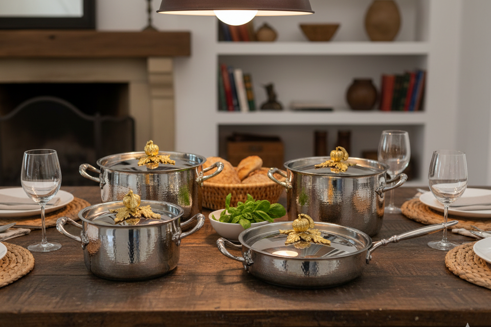 ORANGLES Elegant Eco-Friendly Hand-Hammered Iron Cookware Set with Gold Decorative Lids – Casserole & Serving Pots - high resolution display - exposing craftsmanship - Image 2 of 2 | built for everyone | Elegant Eco-Friendly Hand-Hammered Iron Cookware Set with Gold Decorative Lids – Casserole & Serving Pots for sale Georgia | Free Shipping ORANGLES
