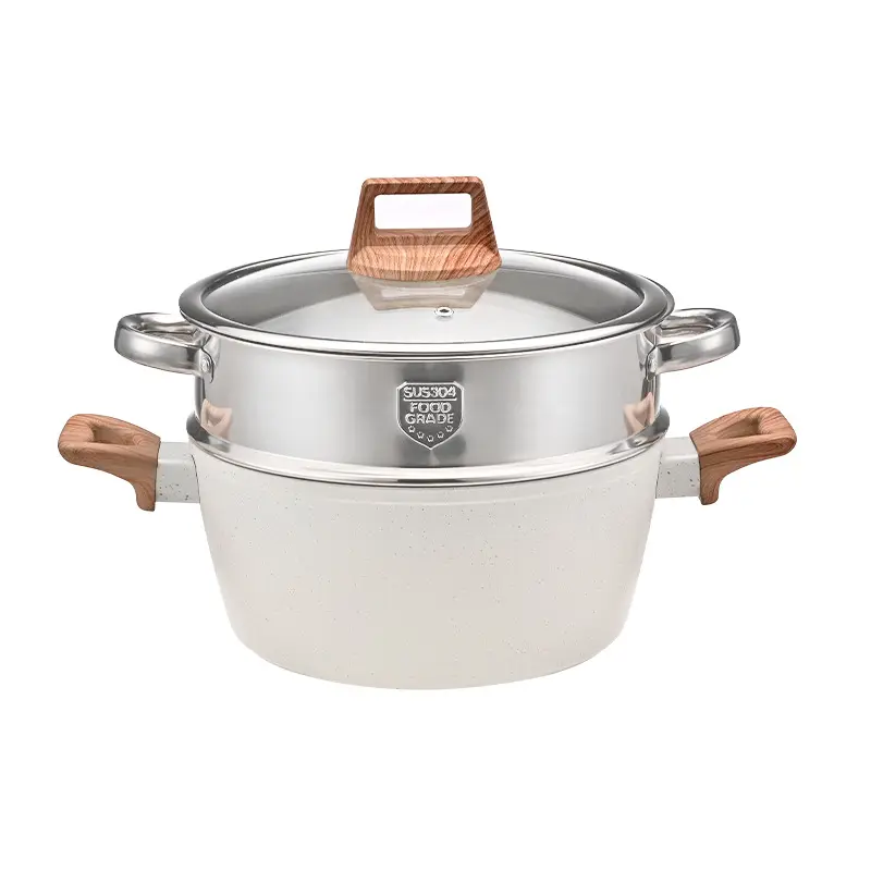 Wholesale 12-Piece White Granite Cookware Set – Non-Stick Pots & Pans with Wooden Handles, Induction-Ready Glass Lids