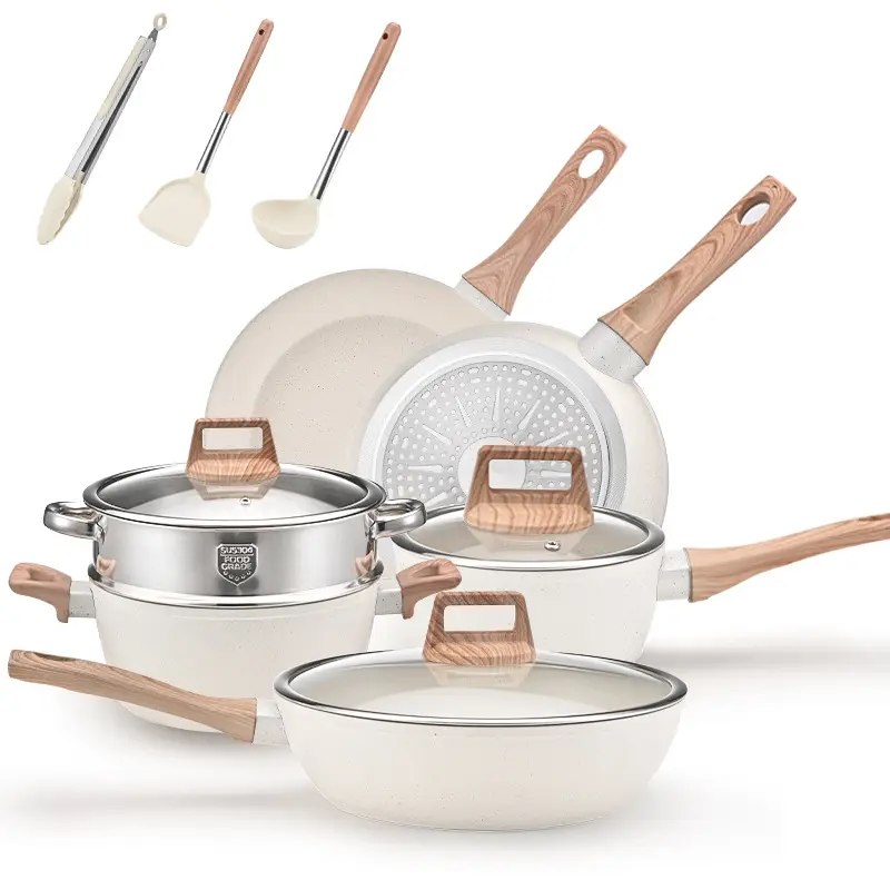 ORANGLES Wholesale 12-Piece White Granite Cookware Set – Non-Stick Pots & Pans with Wooden Handles, Induction-Ready Glass Lids - high resolution display - exposing craftsmanship - Image 2 of 2 | built for everyone | Wholesale 12-Piece White Granite Cookware Set – Non-Stick Pots & Pans with Wooden Handles, Induction-Ready Glass Lids for sale Georgia | Free Shipping ORANGLES