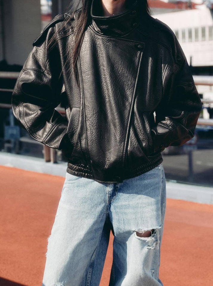 ORANGLES MYST&ZA Women’s Leather Jacket – 2025 Autumn Fashion Stand Collar - high resolution display - exposing craftsmanship - Image 2 of 2 | built for everyone | MYST&ZA Women’s Leather Jacket – 2025 Autumn Fashion Stand Collar for sale Georgia | Free Shipping ORANGLES