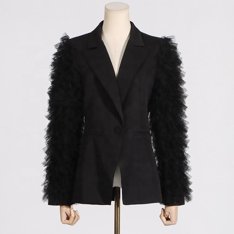 ORANGLES AIMEISI Women’s Blazer – Elegant Pleated Mesh Patchwork Long-Sleeved Jacket - high resolution display - exposing craftsmanship - Image 2 of 2 | built for everyone | AIMEISI Women’s Blazer – Elegant Pleated Mesh Patchwork Long-Sleeved Jacket for sale Georgia | Free Shipping ORANGLES