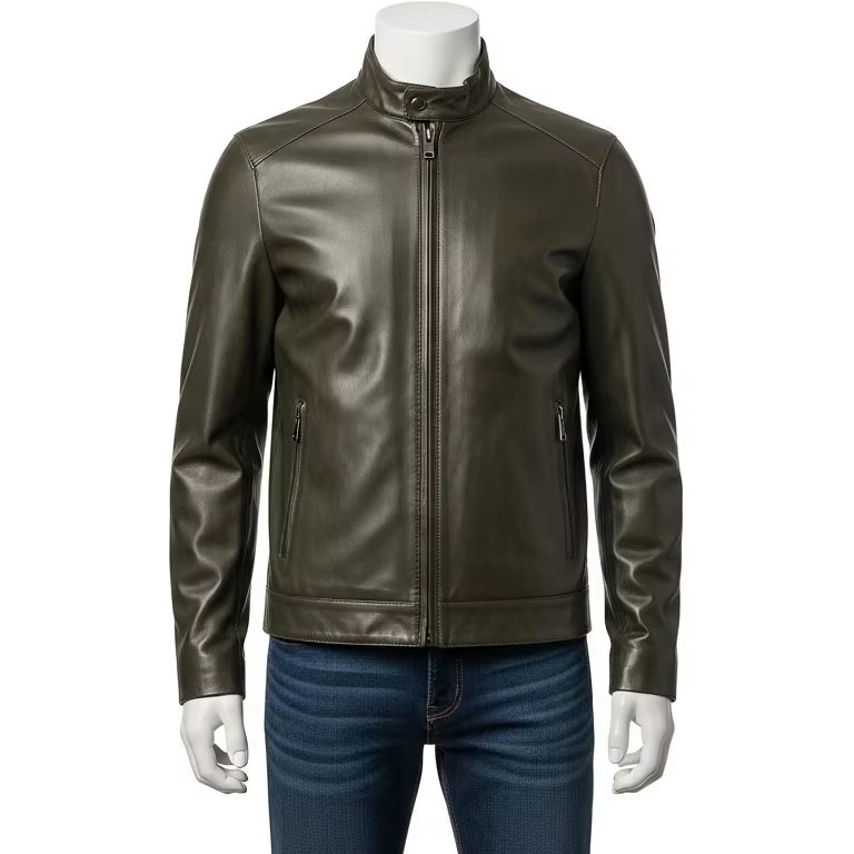 Men’s Genuine Leather Jacket – Waterproof Stand Collar Winter Biker Coat